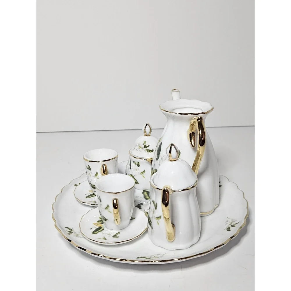 Mini Bone China Tea Set White Floral Gold Gilt Footed Cups Creamer Teapot 7pc